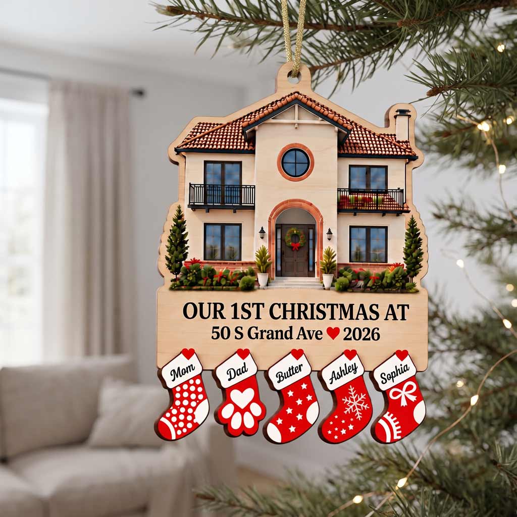 Our First Christmas at New Home Custom Home Photo Address Family Names 2-Layer Wooden Christmas Ornament