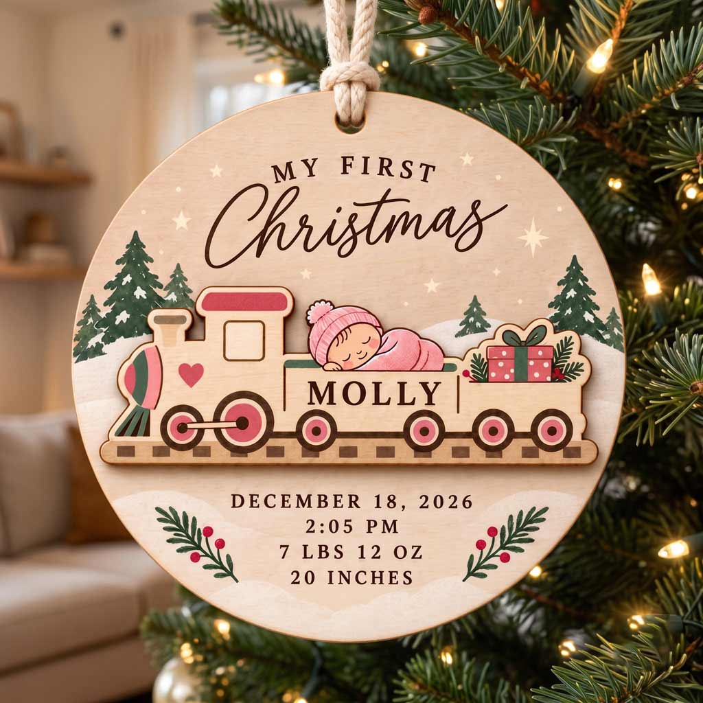 My First Christmas Baby Train Custom Birth Details Newborn Baby Gift Wooden Christmas Ornament