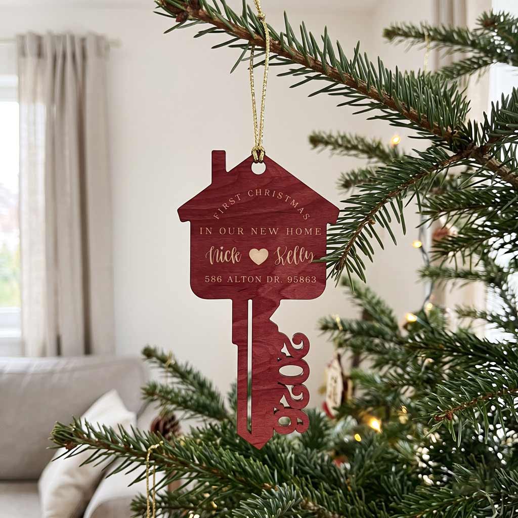 First Christmas In Our New Home 2026 House Key Custom Address New Home Wooden Ornament