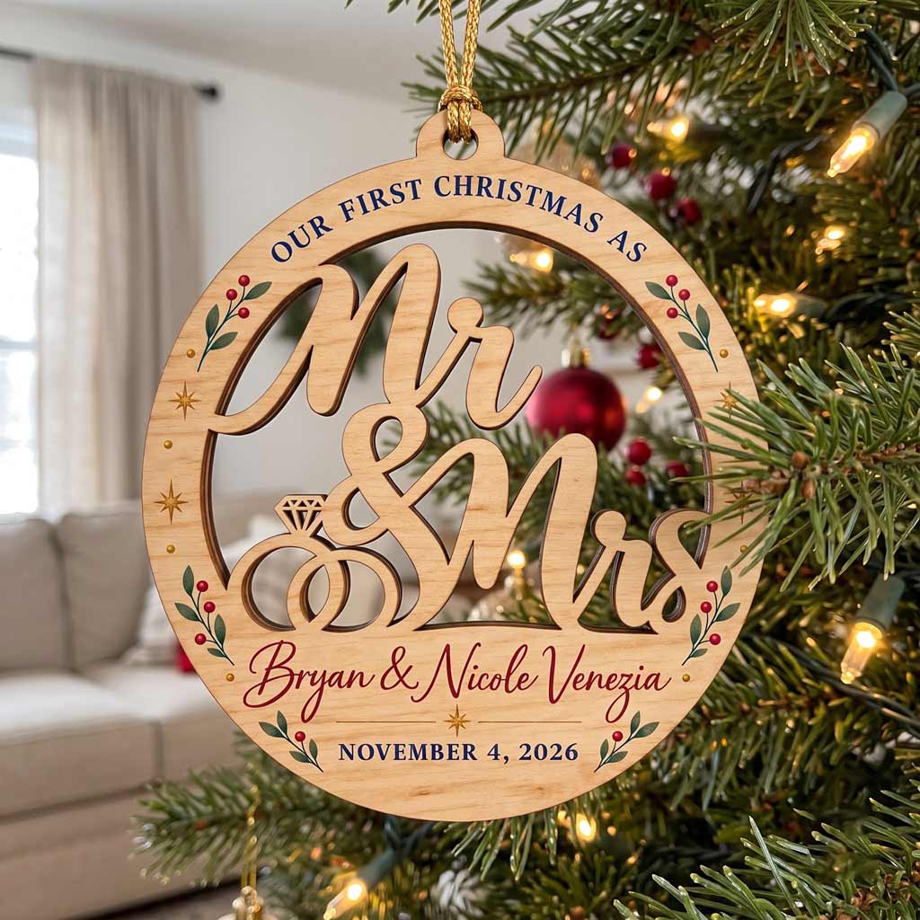 Our First Christmas As Mr & Mrs Custom Name & Date Wedding Newlywed Couple Gift Wooden Christmas Ornament