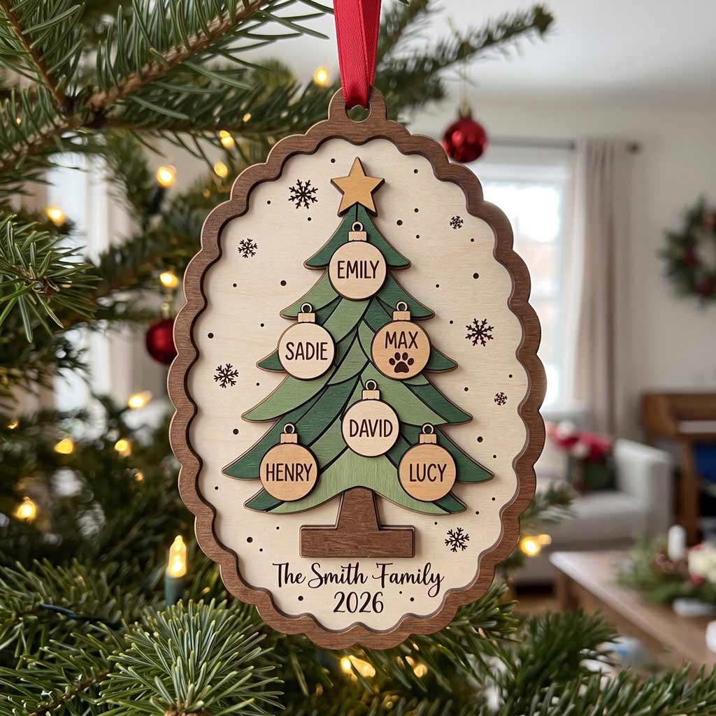 Family Christmas Tree 2026 Custom Family Names Family Holiday Keepsake Gift Wooden Christmas Ornament