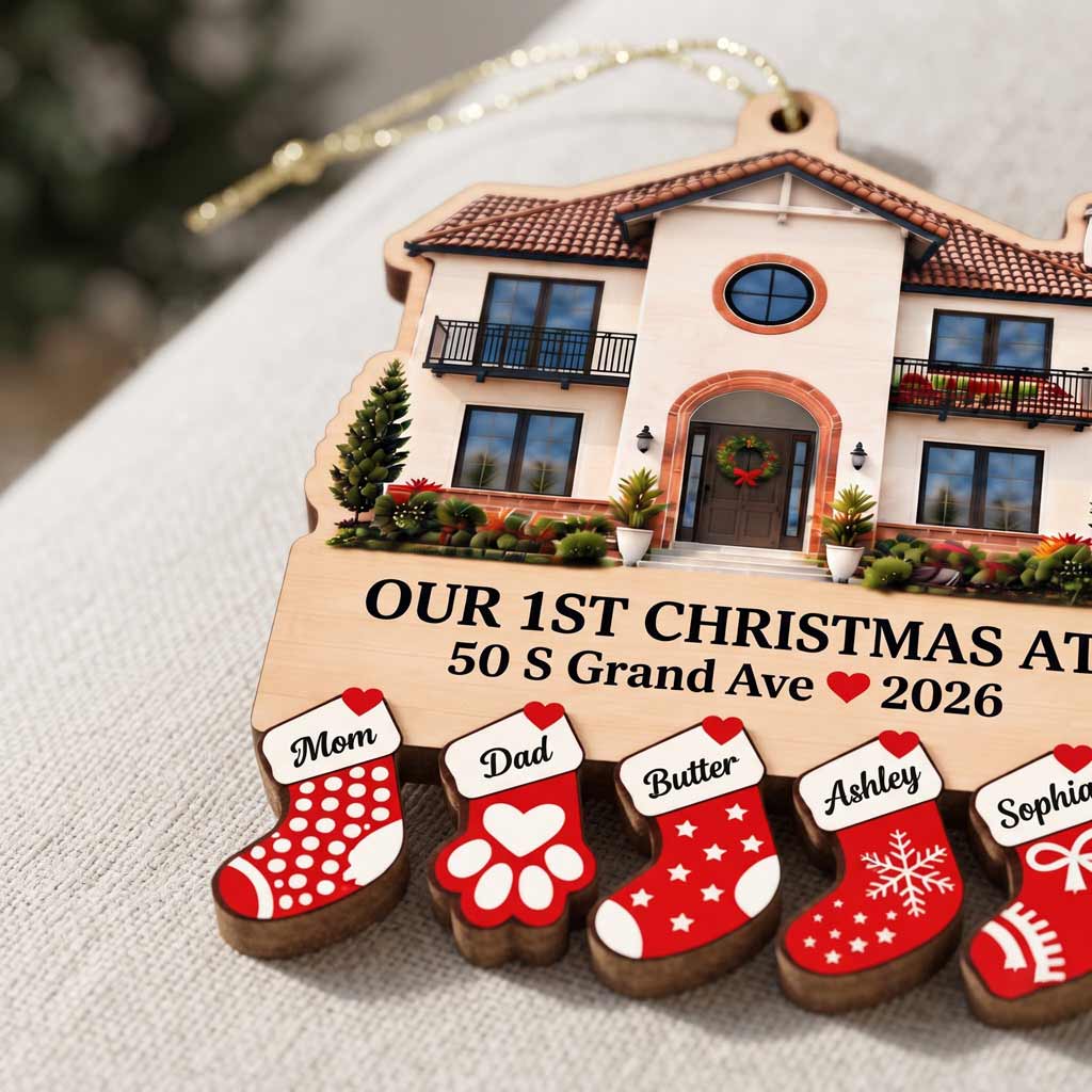 Our First Christmas at New Home Custom Home Photo Address Family Names 2-Layer Wooden Christmas Ornament
