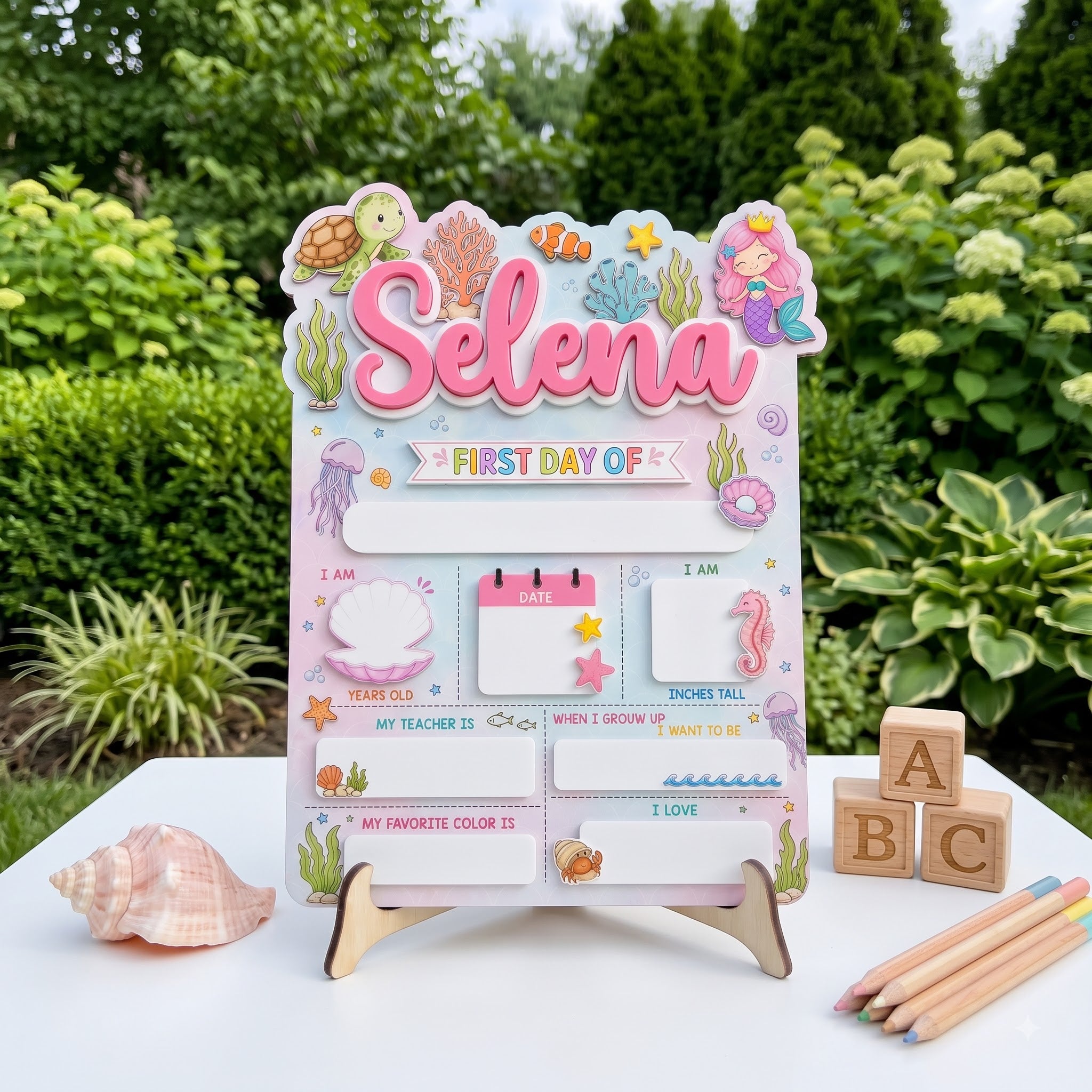 Personalized Cute Underwater Princess First & Last Day School Sign, Reusable Dry Erase Board, Back to School Sign