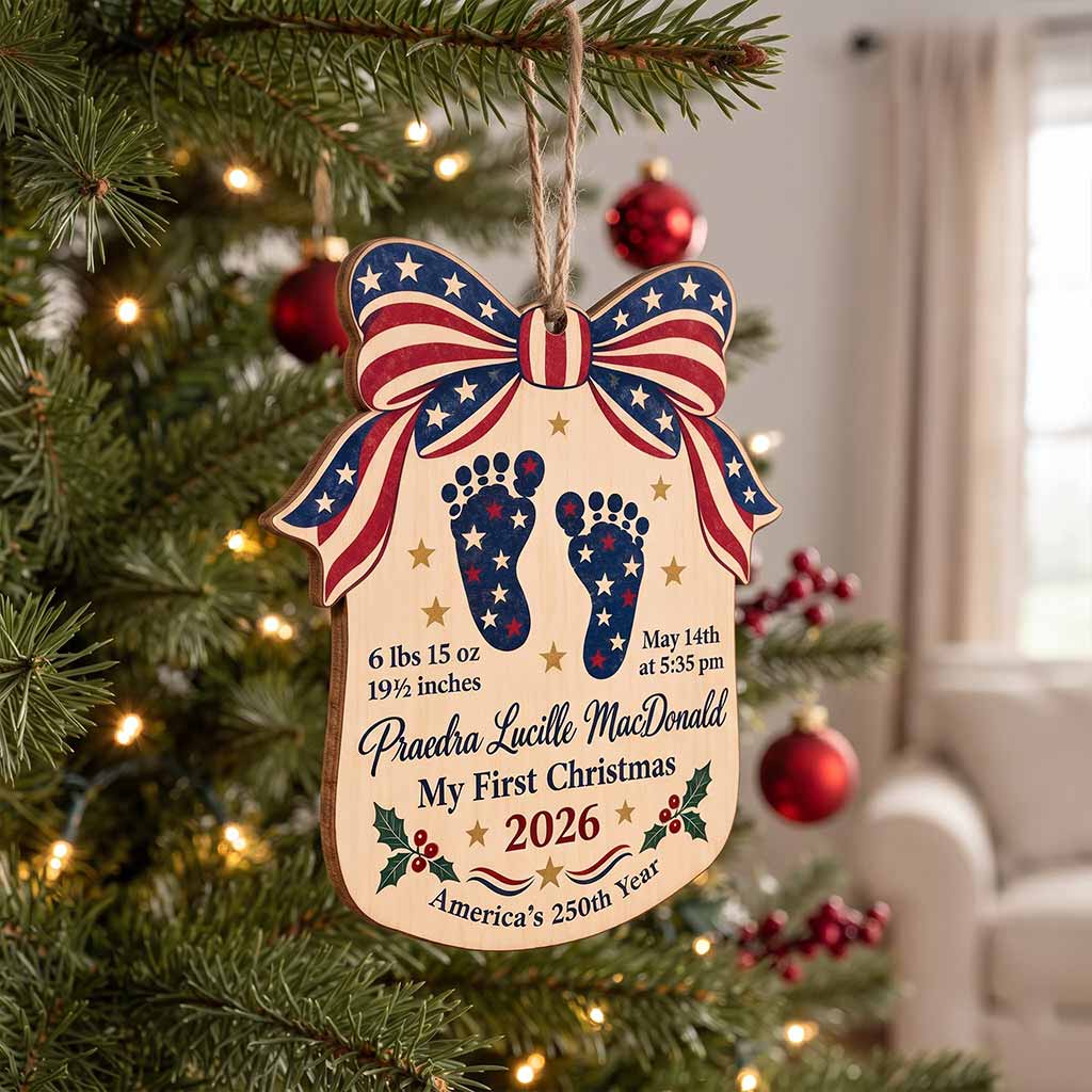 My First Christmas Personalized Newborn Custom Name Birth Details Patriotic America's 250th Year Wooden Ornament
