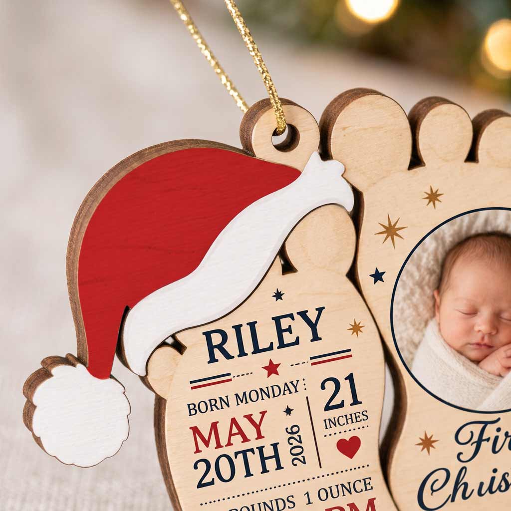 Baby's First Christmas Footprints Custom Name Birth Newborn Details Wooden Ornament