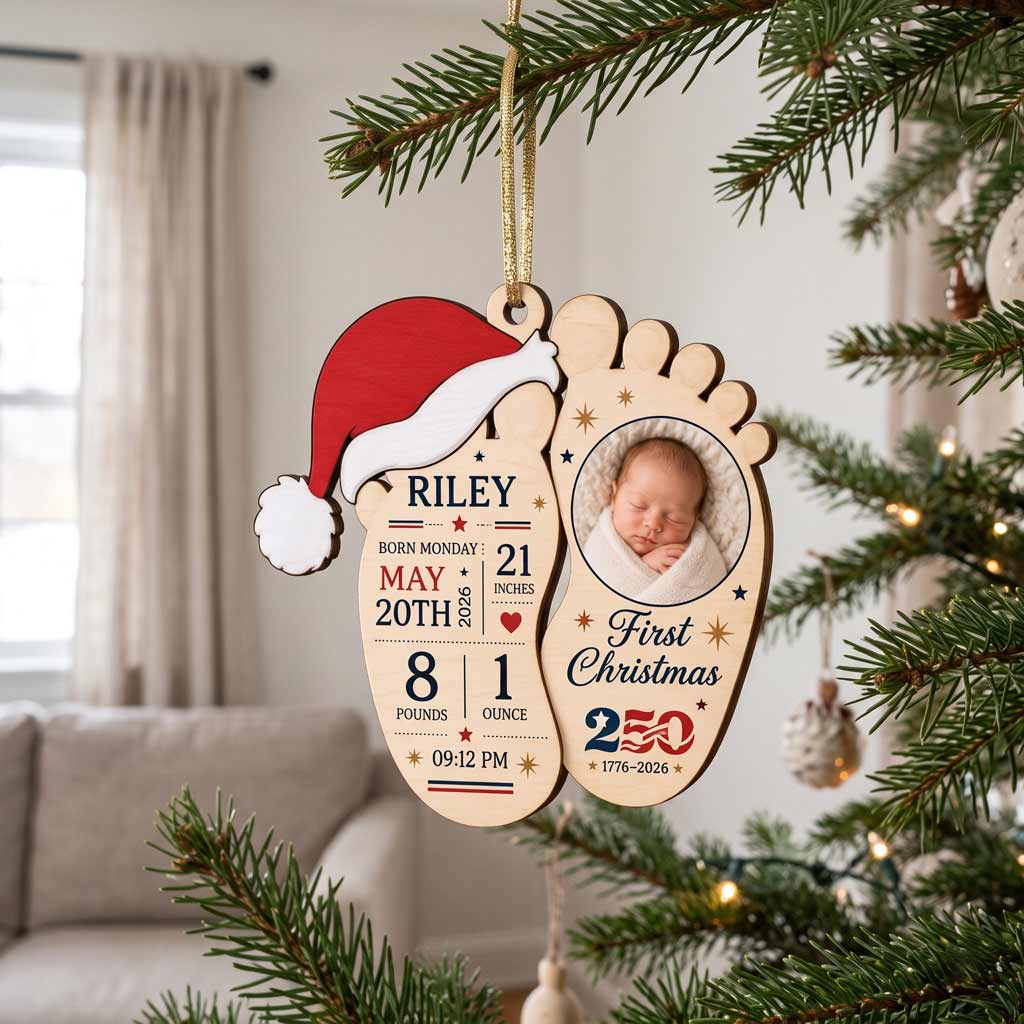 Baby's First Christmas Footprints Custom Name Birth Newborn Details Wooden Ornament