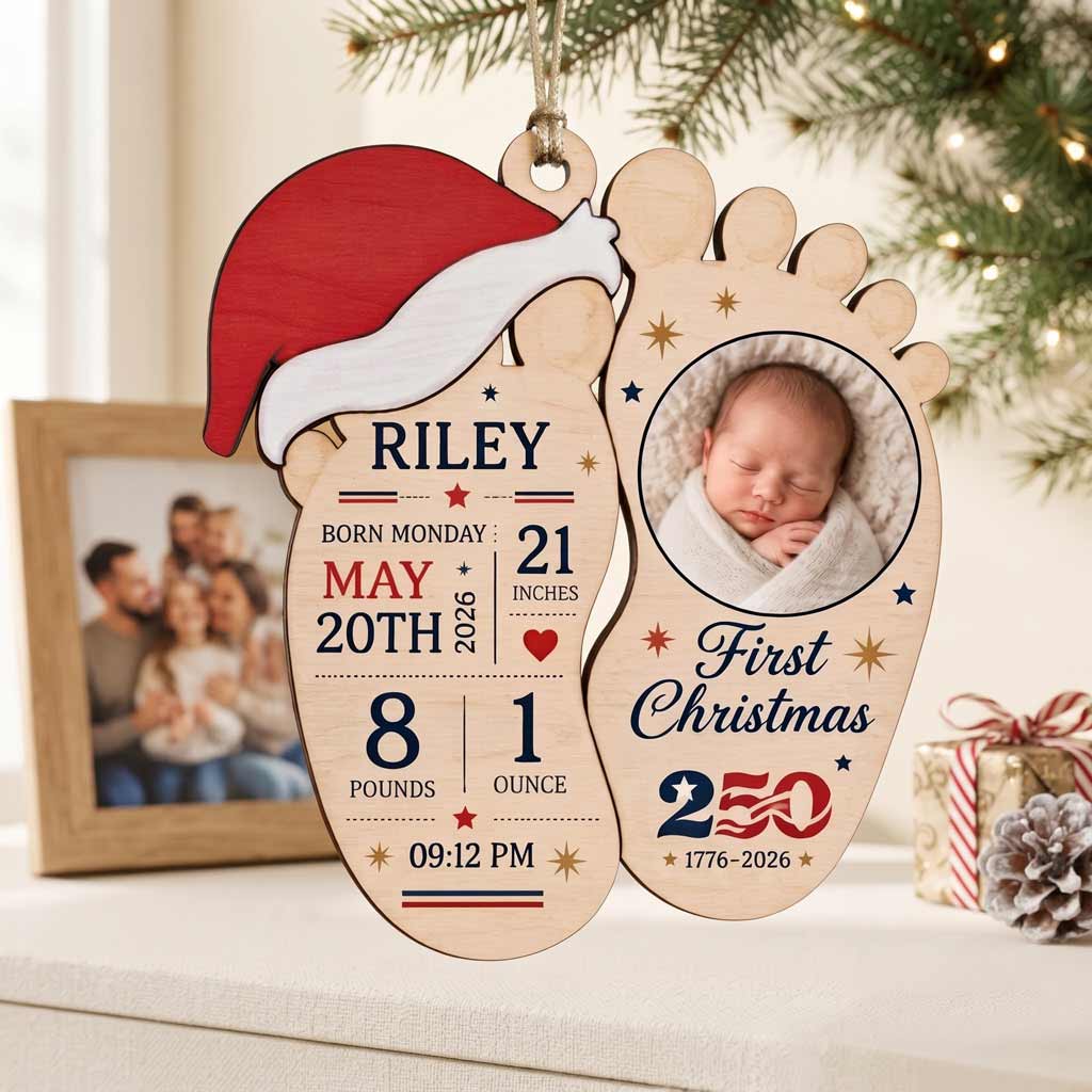 Baby's First Christmas Footprints Custom Name Birth Newborn Details Wooden Ornament