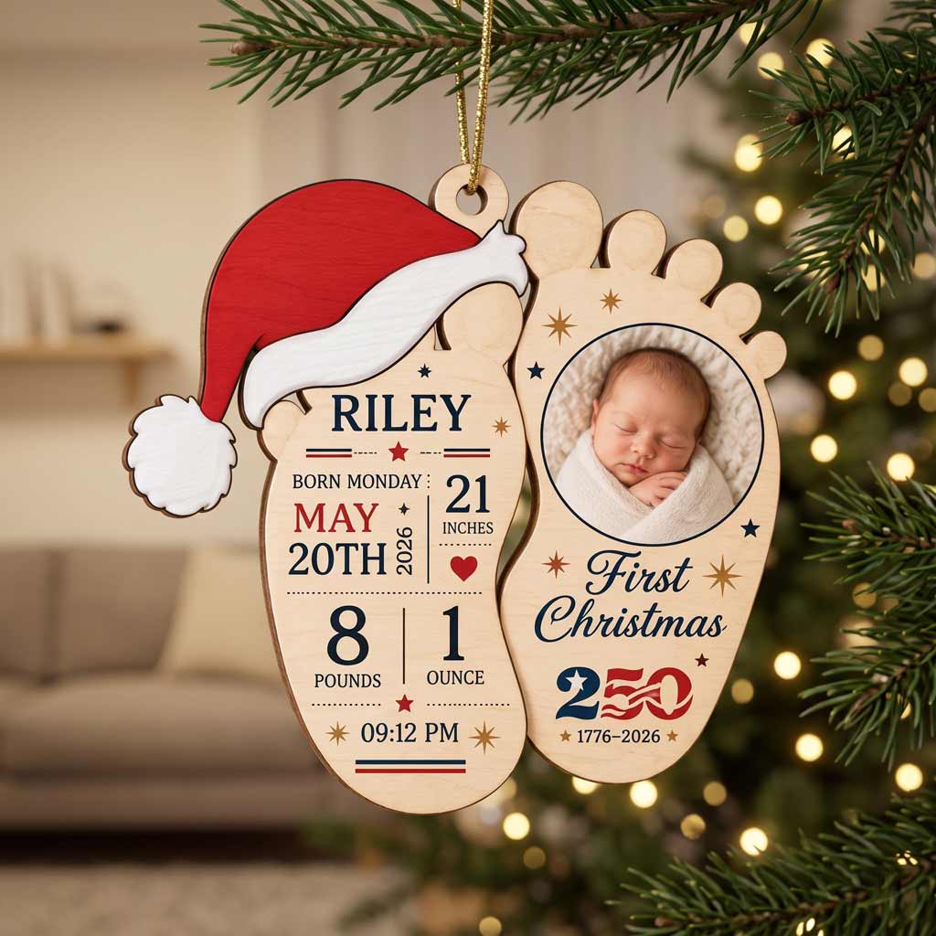 Baby's First Christmas Footprints Custom Name Birth Newborn Details Wooden Ornament