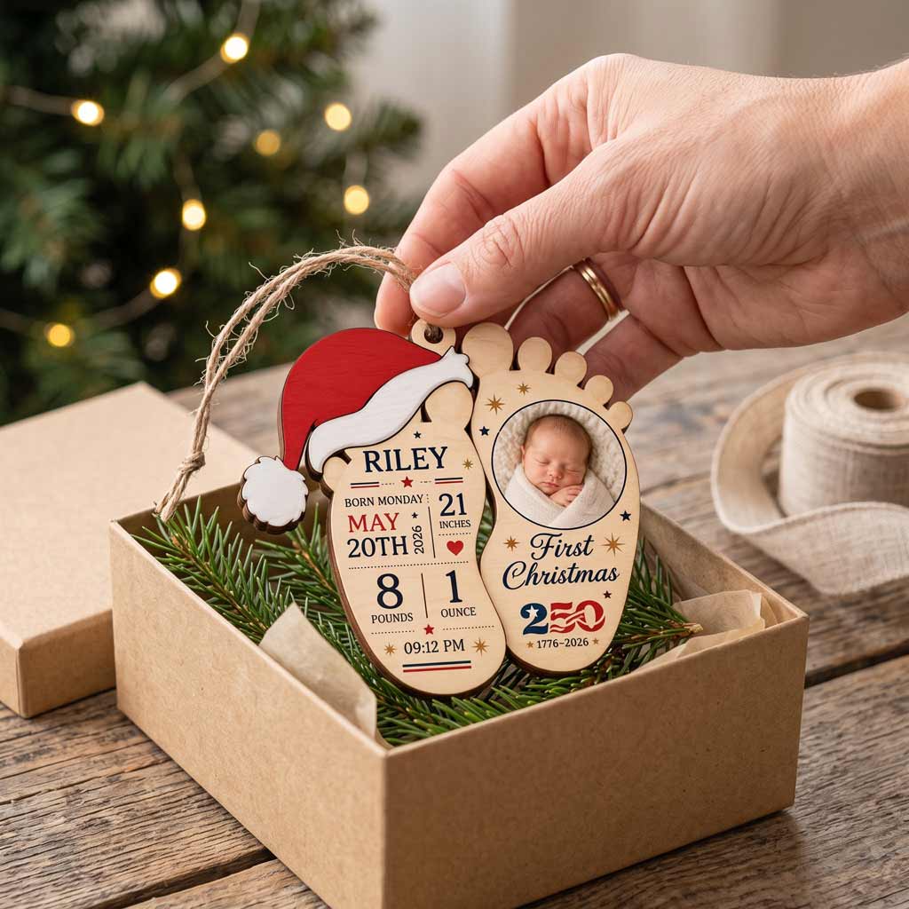 Baby's First Christmas Footprints Custom Name Birth Newborn Details Wooden Ornament