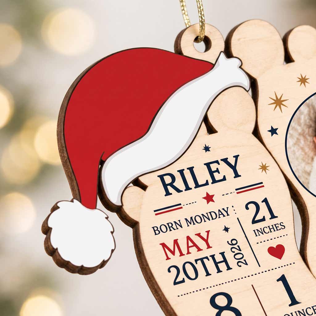 Baby's First Christmas Footprints Custom Name Birth Newborn Details Wooden Ornament