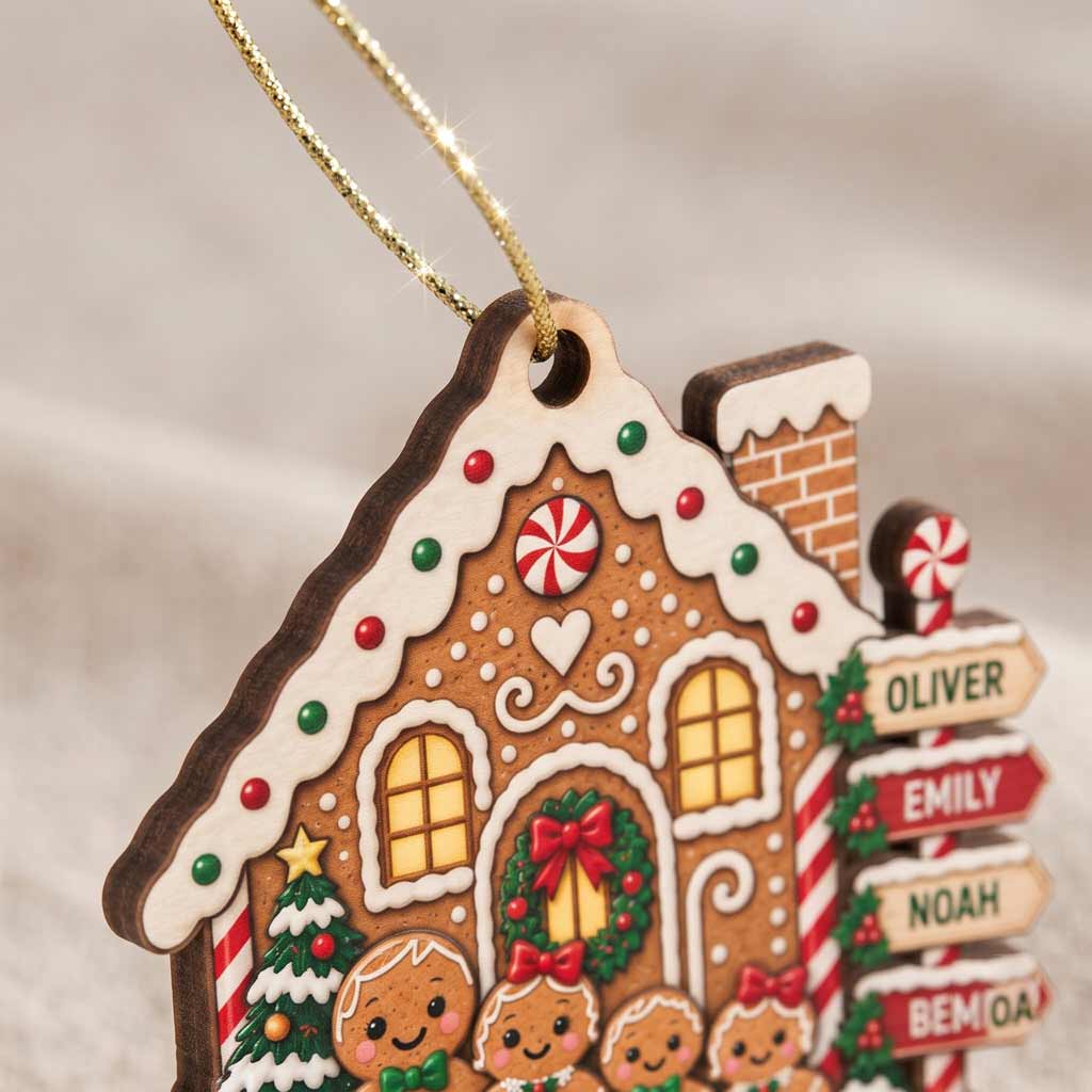 Gingerbread New House Family Christmas Custom Names Wooden Ornament