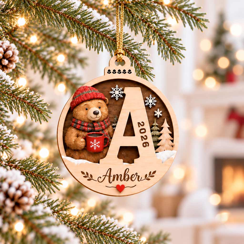 Cozy Winter Bear With Initial Custom Name 2026 Christmas Keepsake Wooden Christmas Ornament