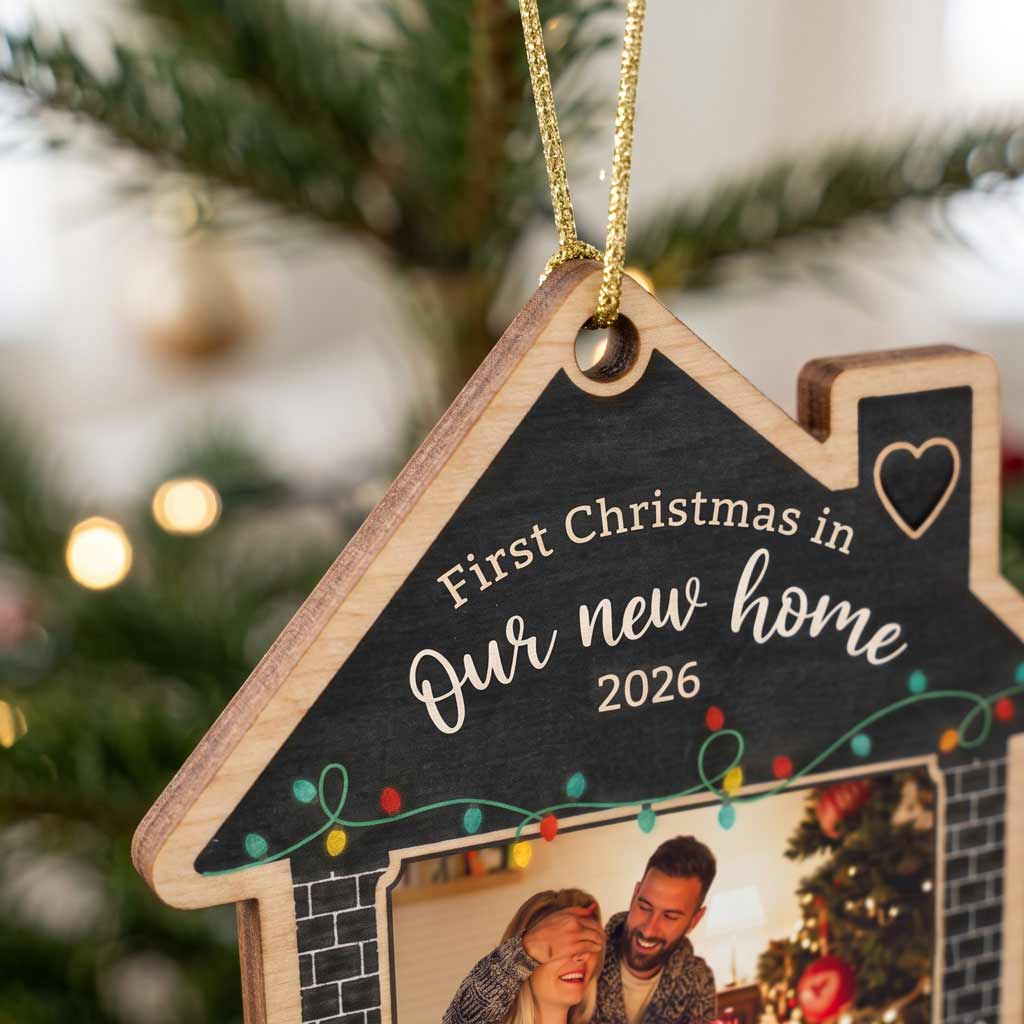 First Christmas in Our New Home 2026 Photo Keepsake Personalized New Home Wooden Christmas Ornament