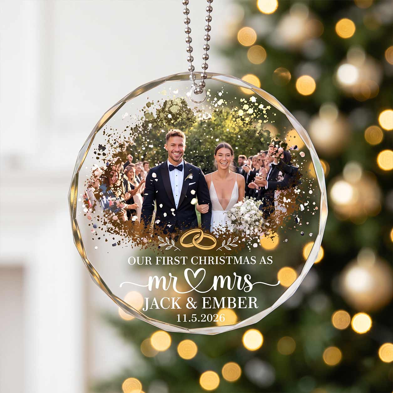 Our First Christmas as Mr & Mrs 2026 Custom Photo Wedding Anniversary Keepsake Round Glass Christmas Ornament