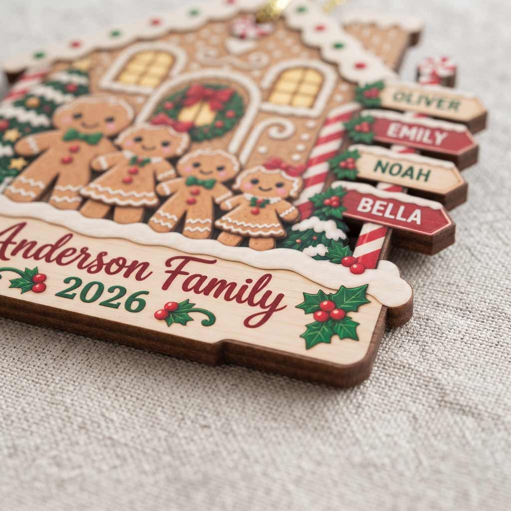 Gingerbread New House Family Christmas Custom Names Wooden Ornament