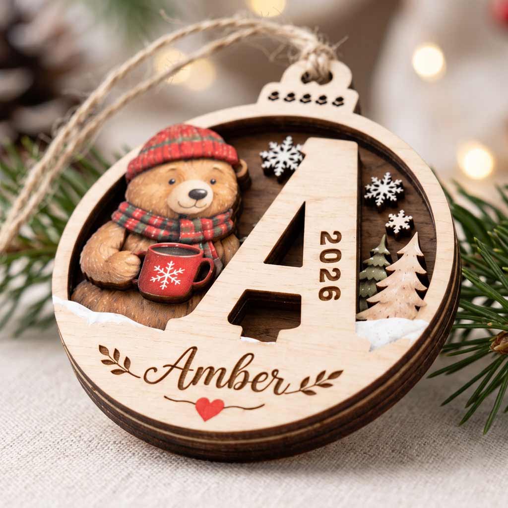 Cozy Winter Bear With Initial Custom Name 2026 Christmas Keepsake Wooden Christmas Ornament
