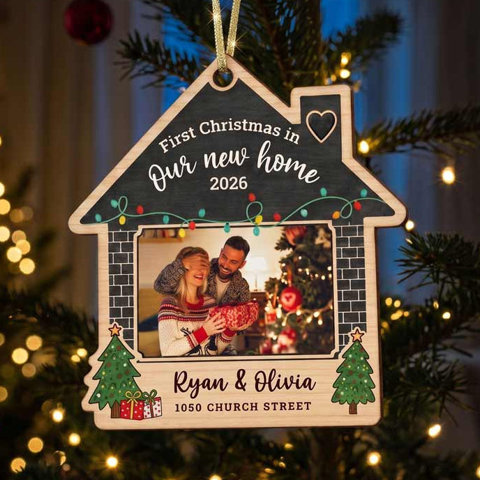 First Christmas in Our New Home 2026 Photo Keepsake Personalized New Home Wooden Christmas Ornament