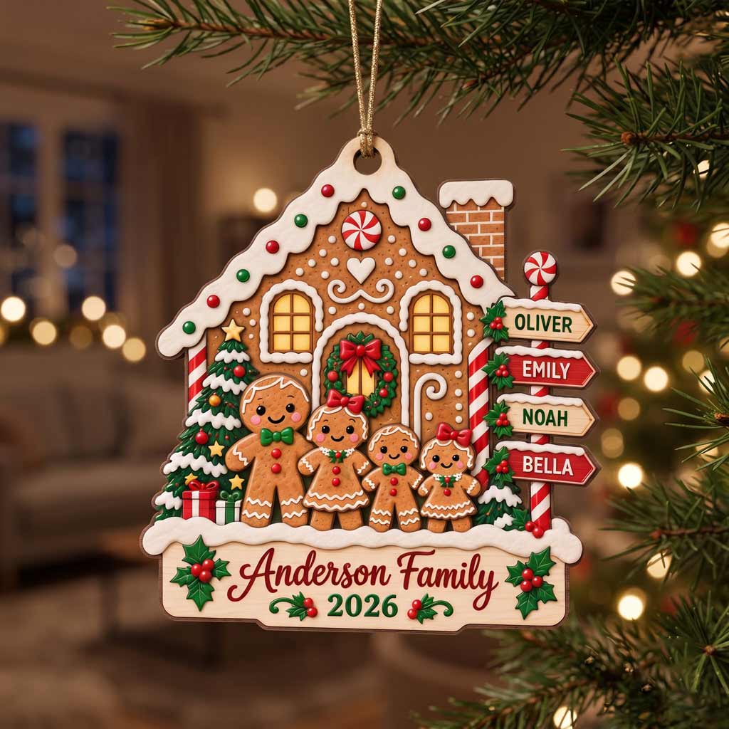 Gingerbread New House Family Christmas Custom Names Wooden Ornament