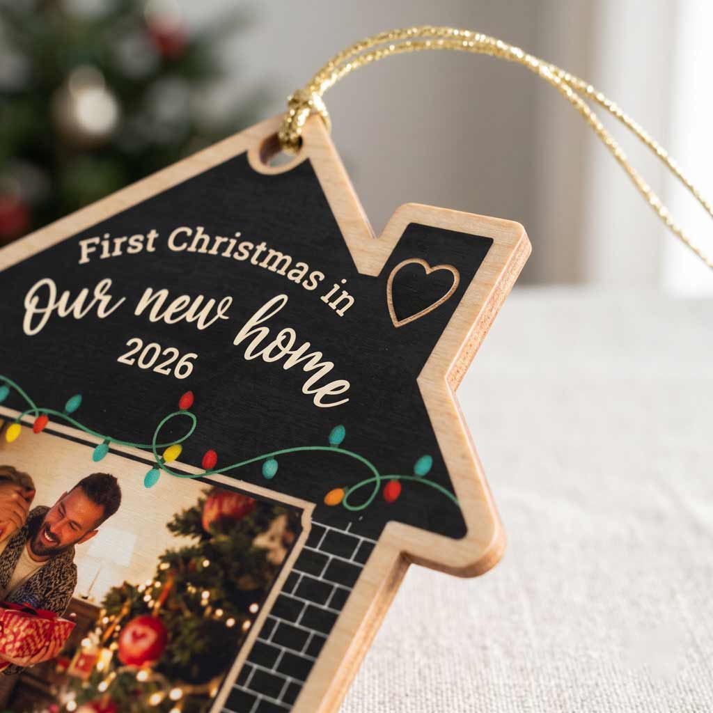 First Christmas in Our New Home 2026 Photo Keepsake Personalized New Home Wooden Christmas Ornament