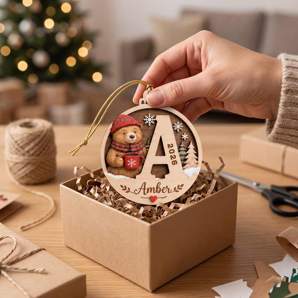 Cozy Winter Bear With Initial Custom Name 2026 Christmas Keepsake Wooden Christmas Ornament
