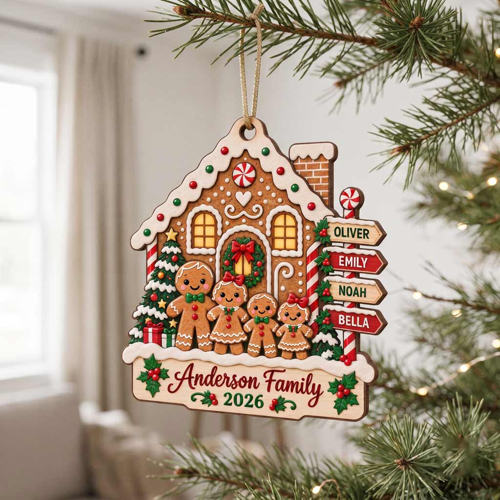 Gingerbread New House Family Christmas Custom Names Wooden Ornament