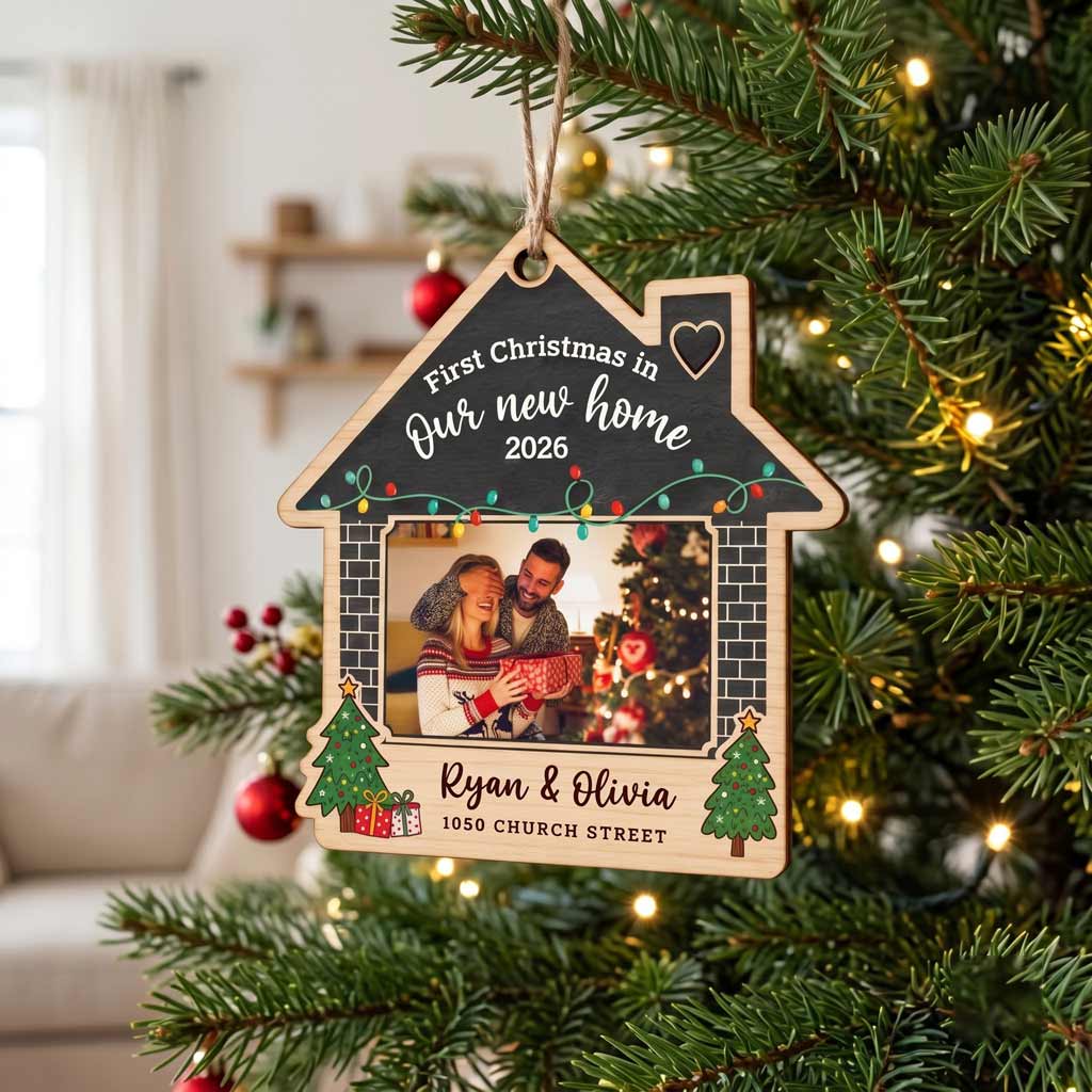 First Christmas in Our New Home 2026 Photo Keepsake Personalized New Home Wooden Christmas Ornament