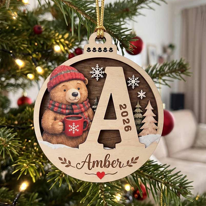 Cozy Winter Bear With Initial Custom Name 2026 Christmas Keepsake Wooden Christmas Ornament
