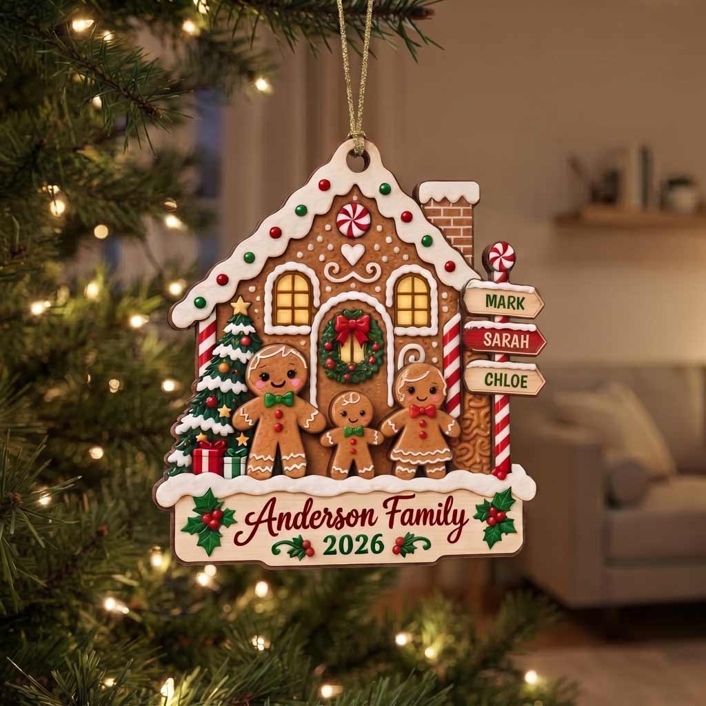 Gingerbread New House Family Christmas Custom Names Wooden Ornament