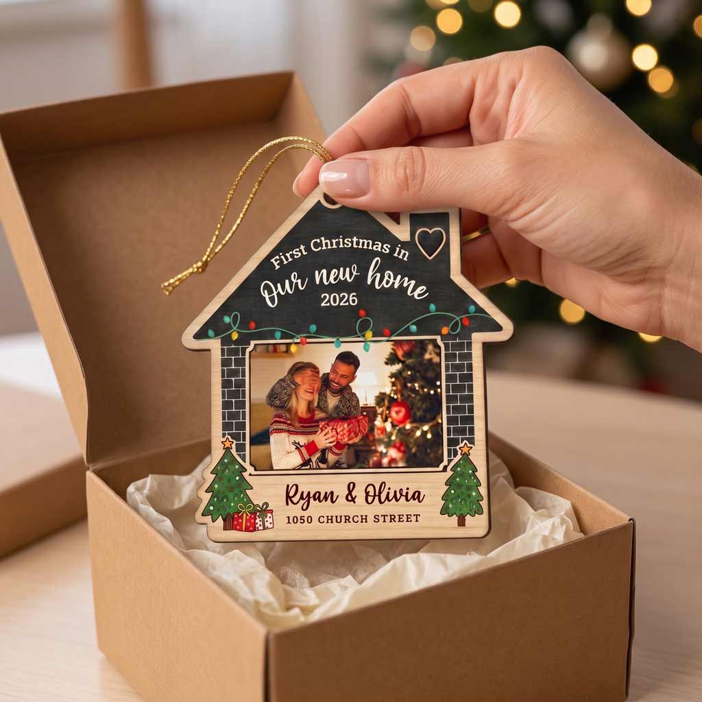 First Christmas in Our New Home 2026 Photo Keepsake Personalized New Home Wooden Christmas Ornament