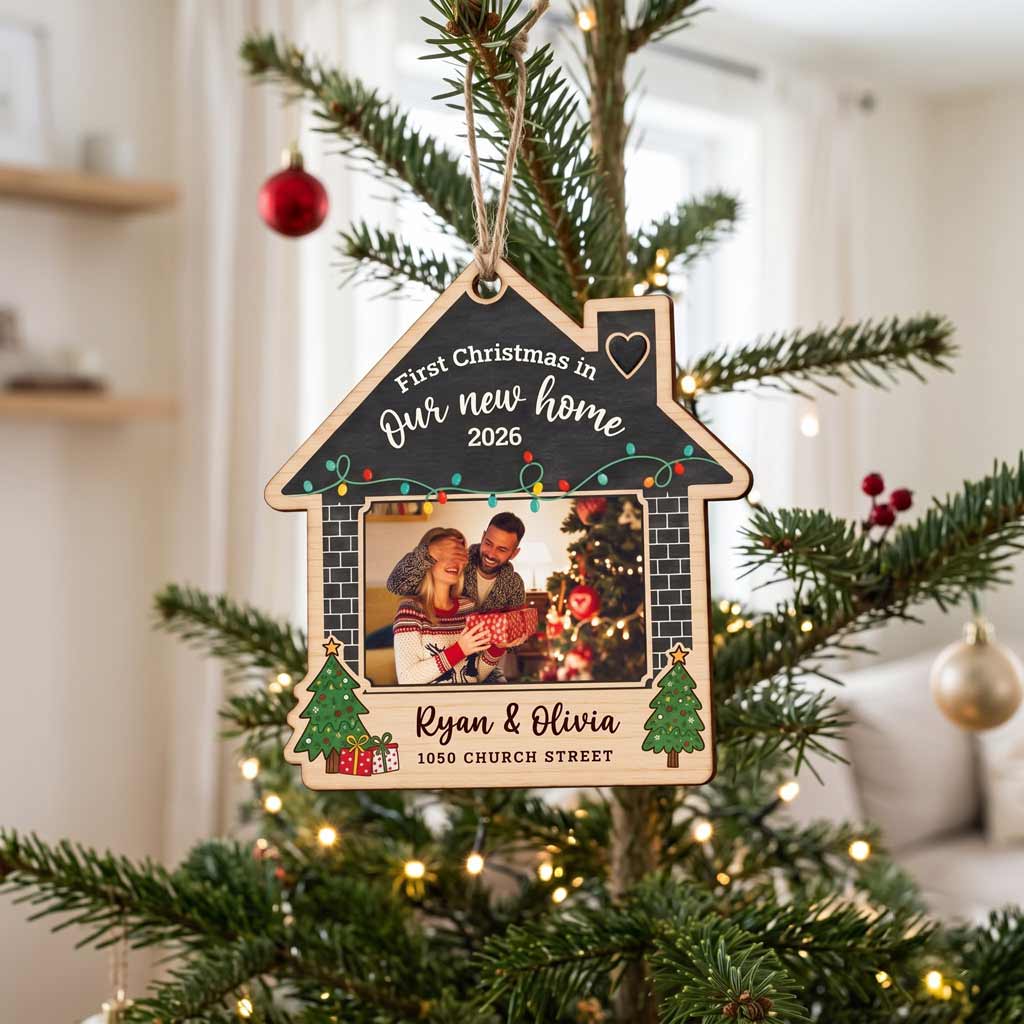First Christmas in Our New Home 2026 Photo Keepsake Personalized New Home Wooden Christmas Ornament