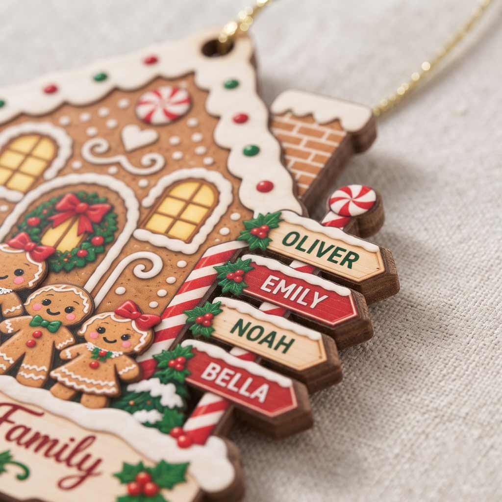 Gingerbread New House Family Christmas Custom Names Wooden Ornament