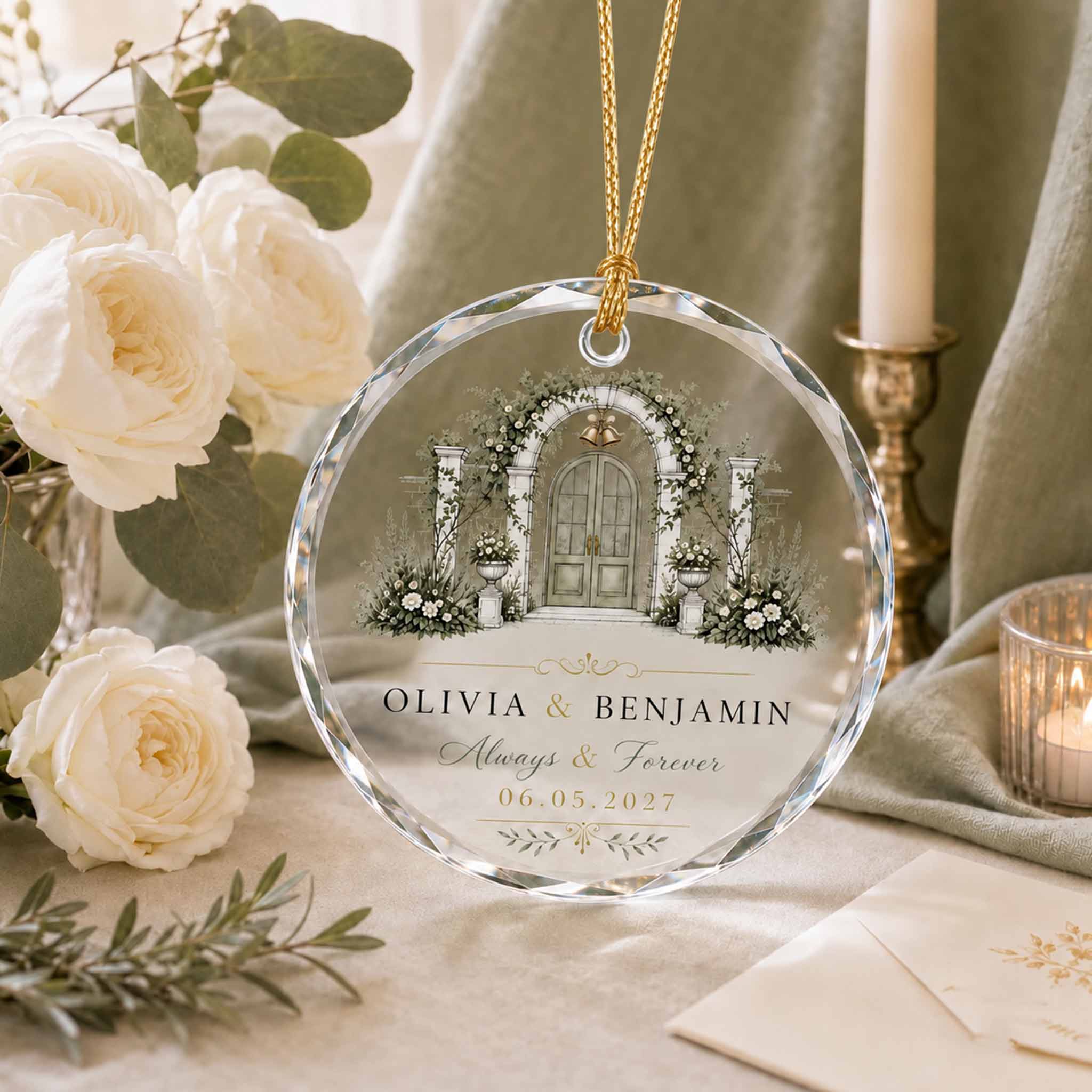 Always & Forever Flower Wedding Door Custom Name Date Wedding Couple Keepsake Round Glass Ornament