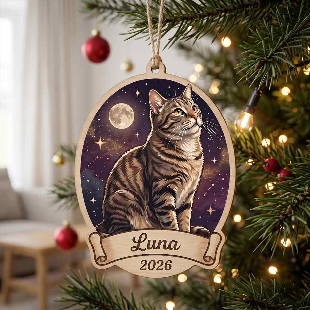 Personalized Cat Night Sky Custom Name Date Photo Cat Lover Gift Wooden Christmas Ornament