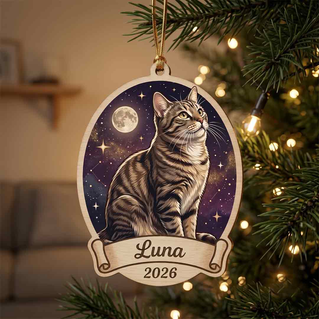 Personalized Cat Night Sky Custom Name Date Photo Cat Lover Gift Wooden Christmas Ornament