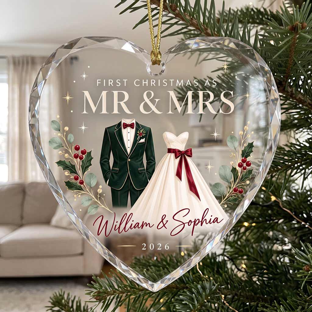 First Christmas As Mr & Mrs Wedding Suit And Dress Custom Name & Date Couple Newlywed Gift Heart Glass Ornament