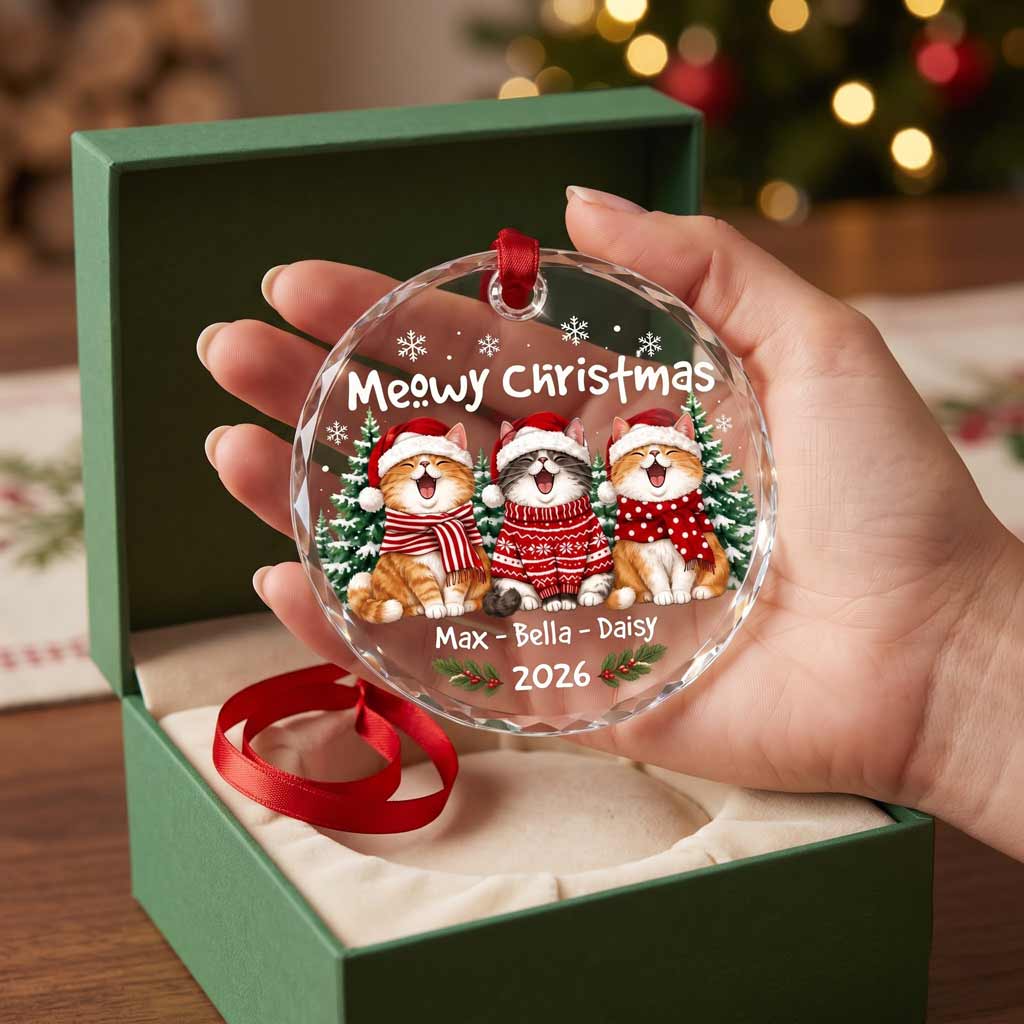 Meowy Christmas 2026 Holiday Pet Lover Personalized Cat Round Glass Ornament