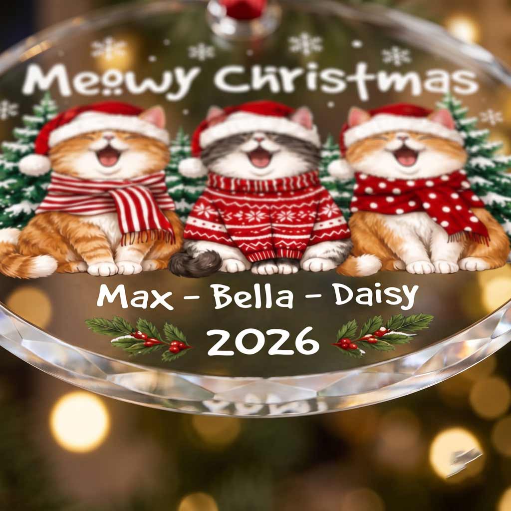 Meowy Christmas 2026 Holiday Pet Lover Personalized Cat Round Glass Ornament