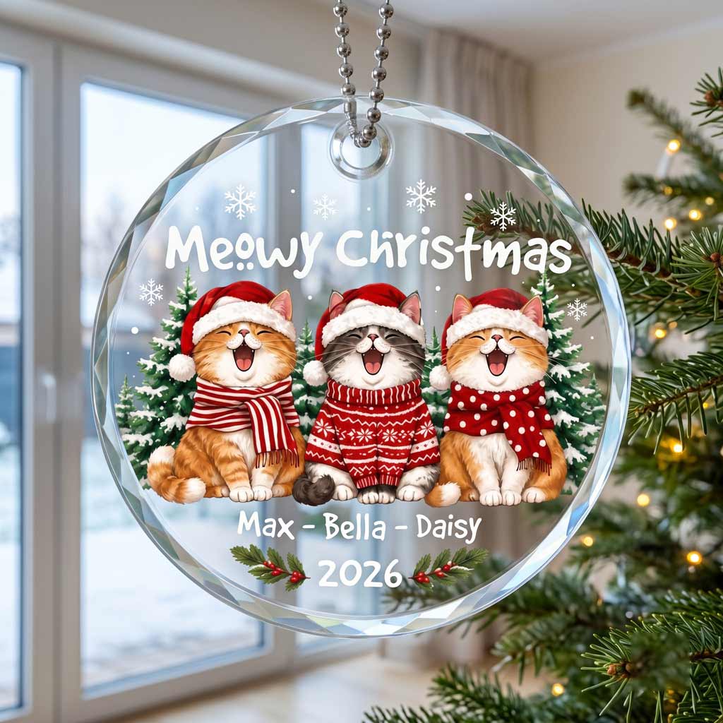 Meowy Christmas 2026 Holiday Pet Lover Personalized Cat Round Glass Ornament