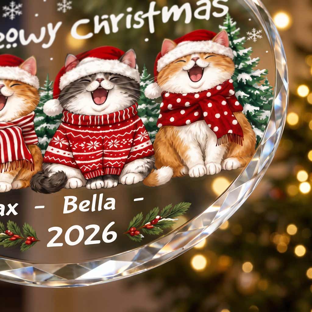 Meowy Christmas 2026 Holiday Pet Lover Personalized Cat Round Glass Ornament