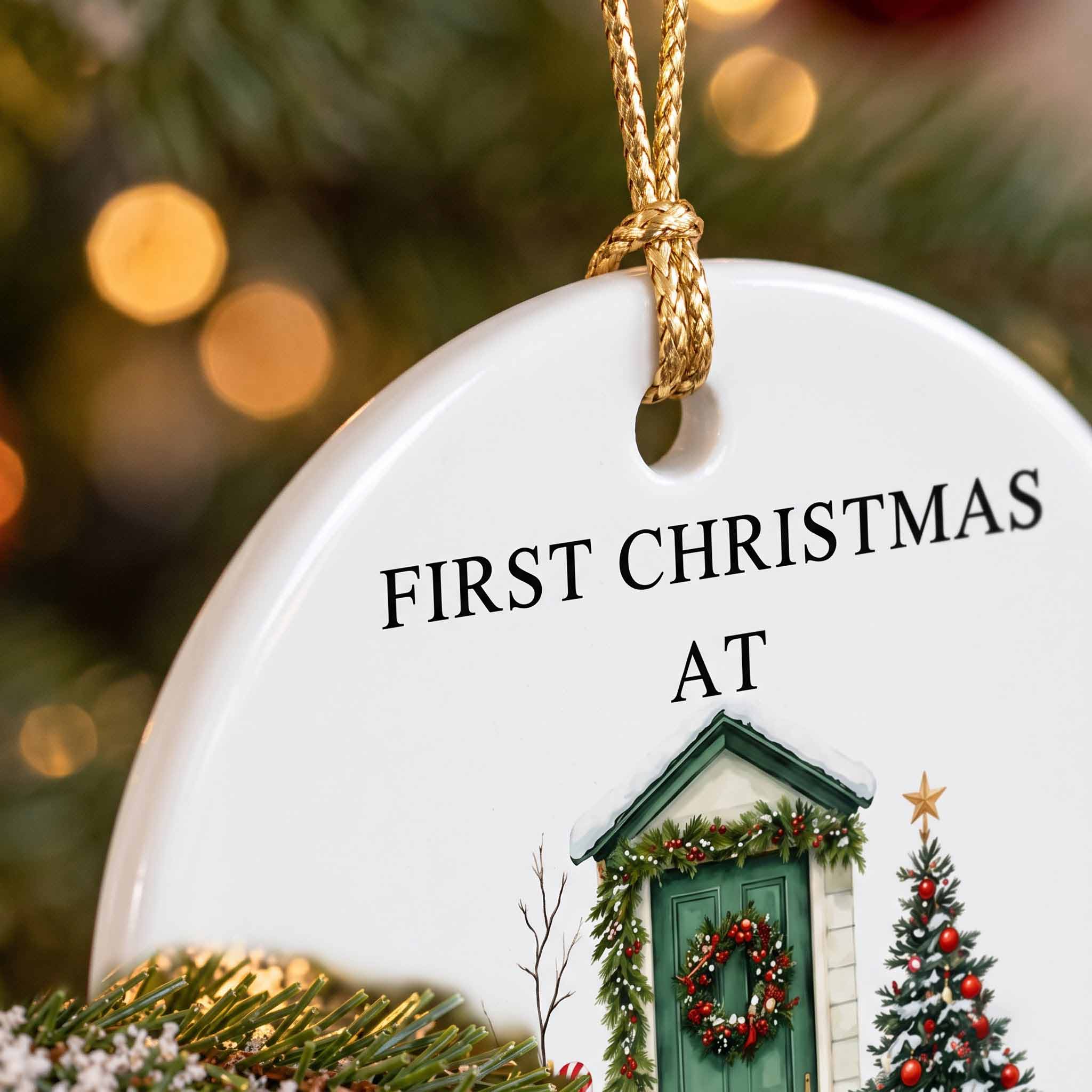 First Christmas at Our New Home 2026 Custom Name & Address New Home Housewarming Gift Round Ceramic Ornament