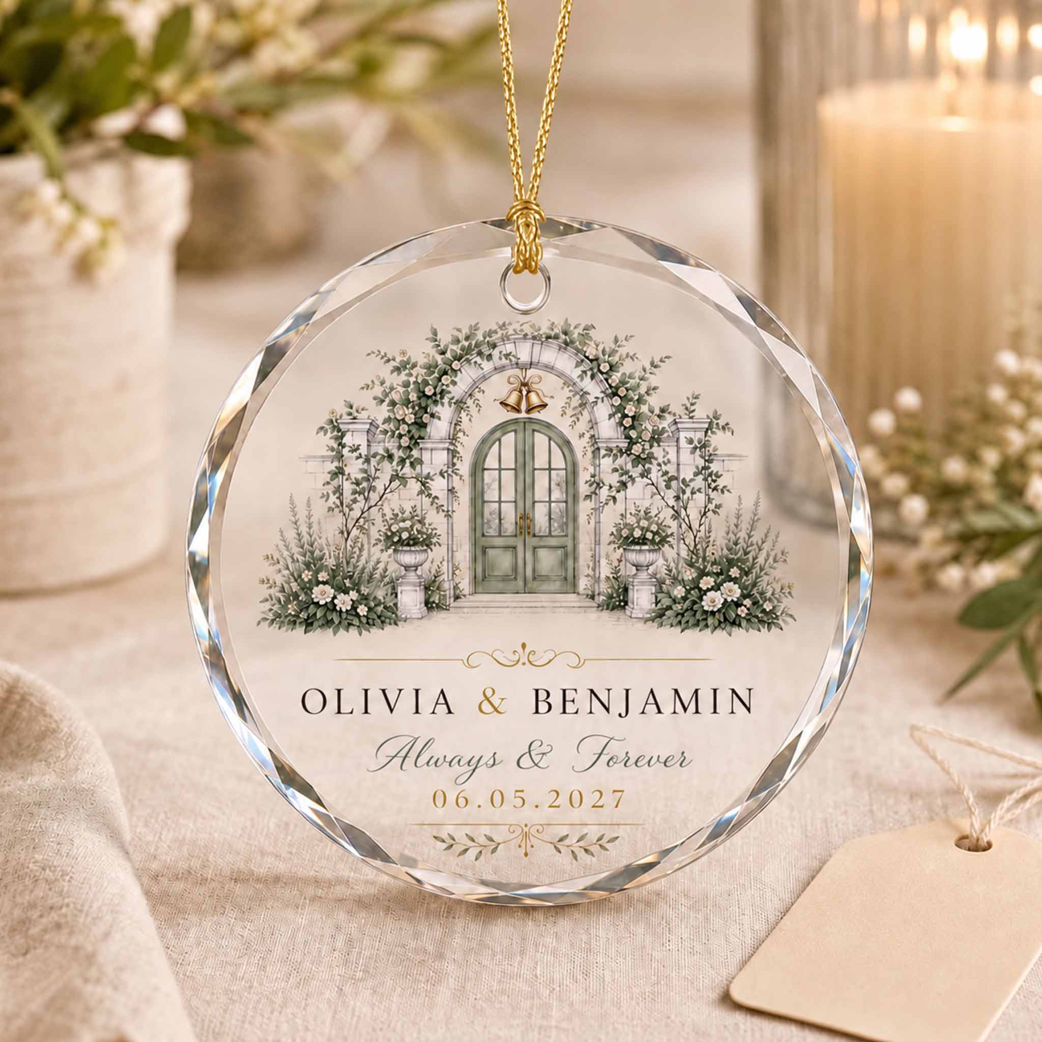 Always & Forever Flower Wedding Door Custom Name Date Wedding Couple Keepsake Round Glass Ornament