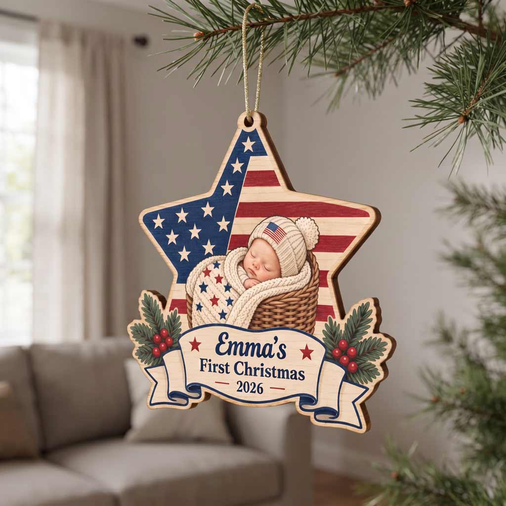 Our Baby's First Christmas Star Custom Name Date Newborn Patriotic Wooden Ornament