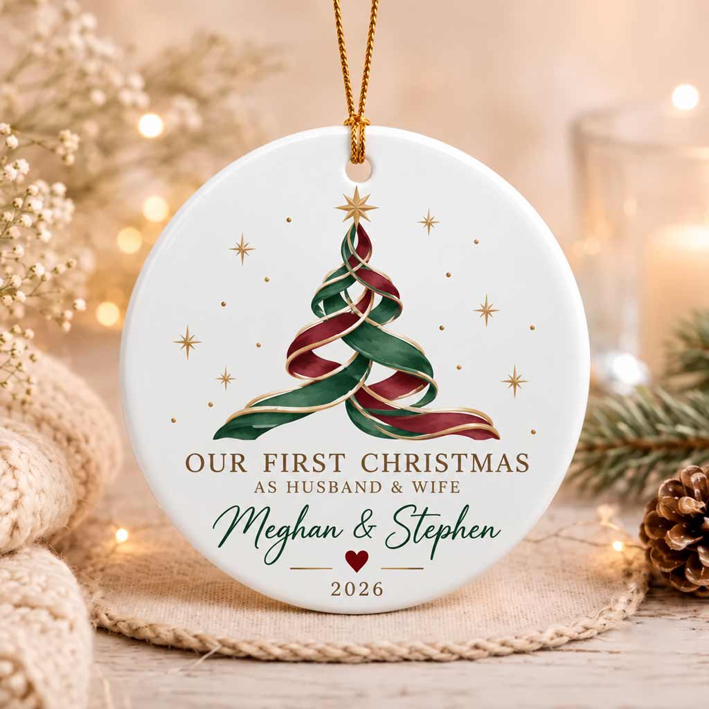 Our First Christmas As Husband & Wife Ribbon Christmas Tree Custom Couple Wedding Gift Round Ceramic Ornament