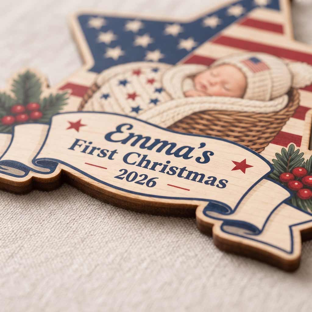 Our Baby's First Christmas Star Custom Name Date Newborn Patriotic Wooden Ornament