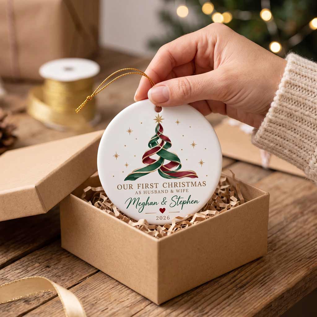 Our First Christmas As Husband & Wife Ribbon Christmas Tree Custom Couple Wedding Gift Round Ceramic Ornament