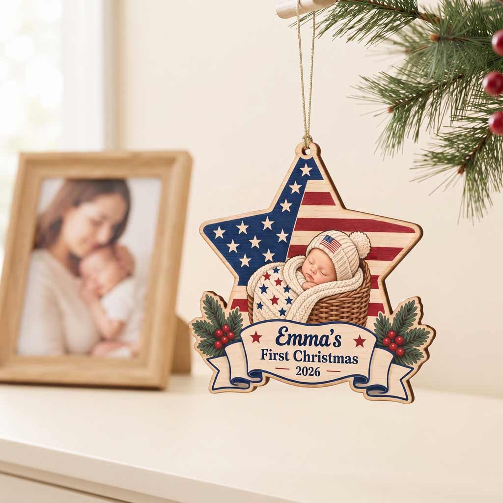 Our Baby's First Christmas Star Custom Name Date Newborn Patriotic Wooden Ornament
