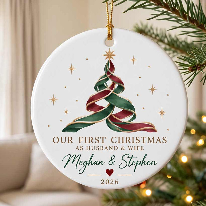 Our First Christmas As Husband & Wife Ribbon Christmas Tree Custom Couple Wedding Gift Round Ceramic Ornament