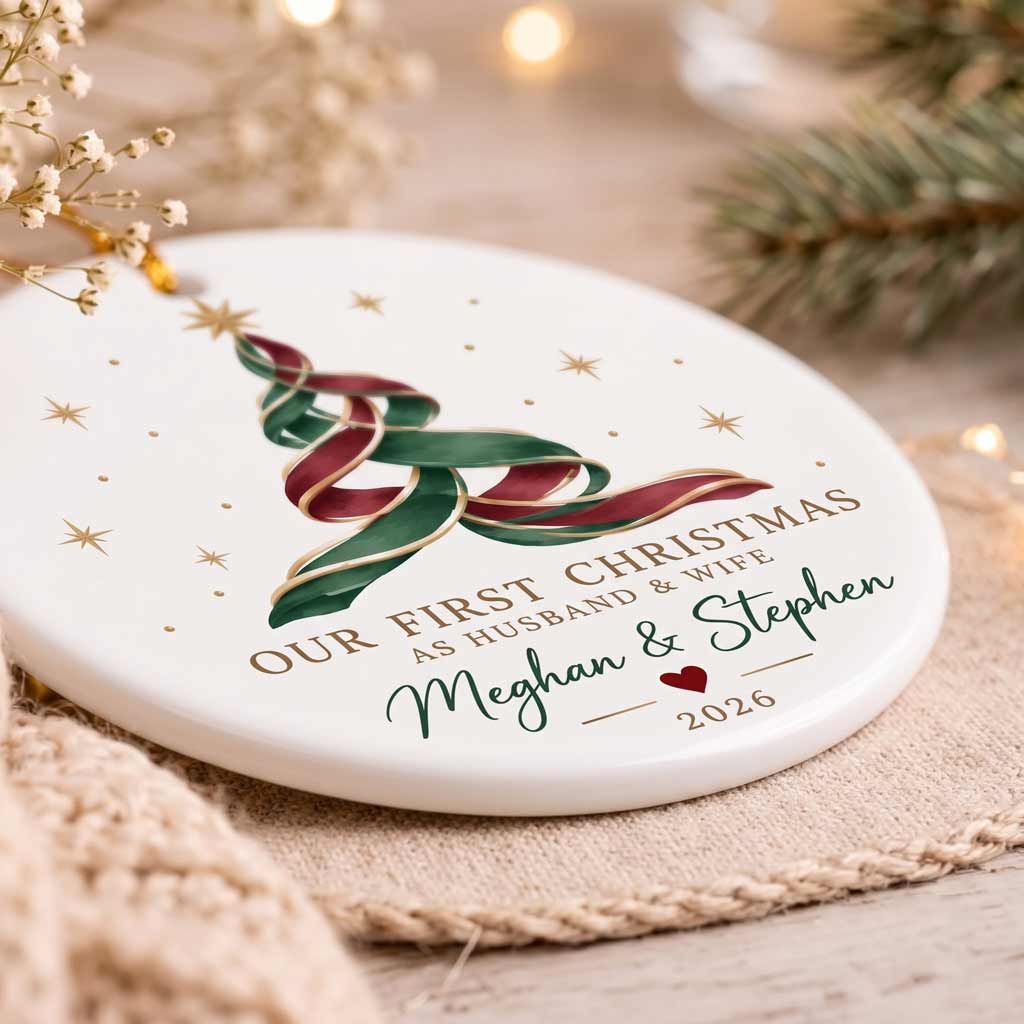 Our First Christmas As Husband & Wife Ribbon Christmas Tree Custom Couple Wedding Gift Round Ceramic Ornament
