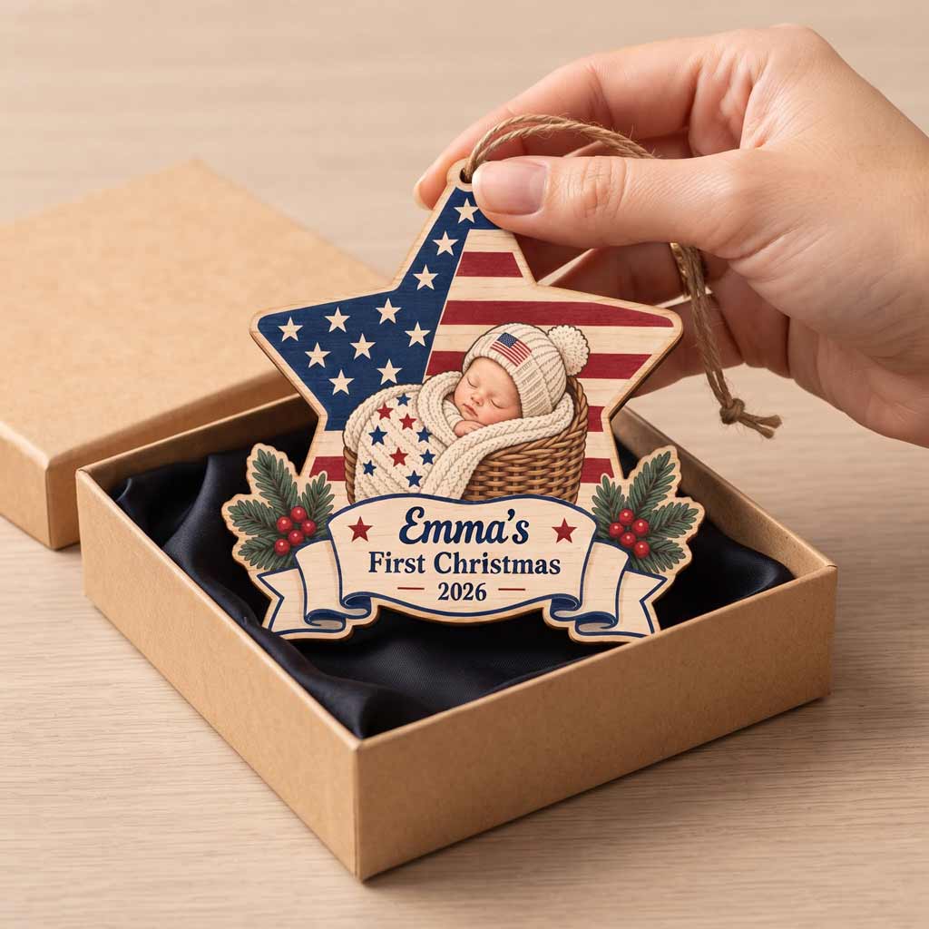 Our Baby's First Christmas Star Custom Name Date Newborn Patriotic Wooden Ornament