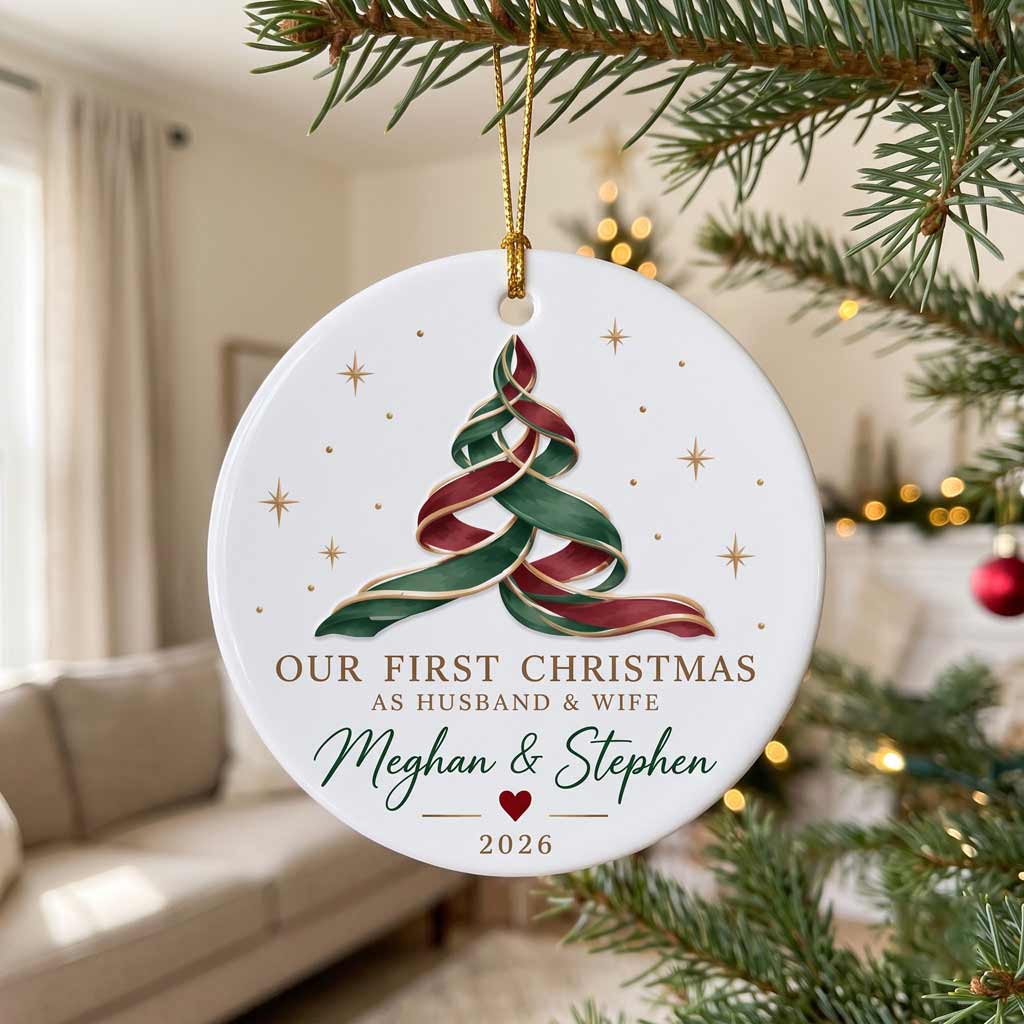 Our First Christmas As Husband & Wife Ribbon Christmas Tree Custom Couple Wedding Gift Round Ceramic Ornament